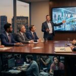 Executives review enterprise AI strategy as a digital divide symbolizes the gap between AI confidence and deployment reality.