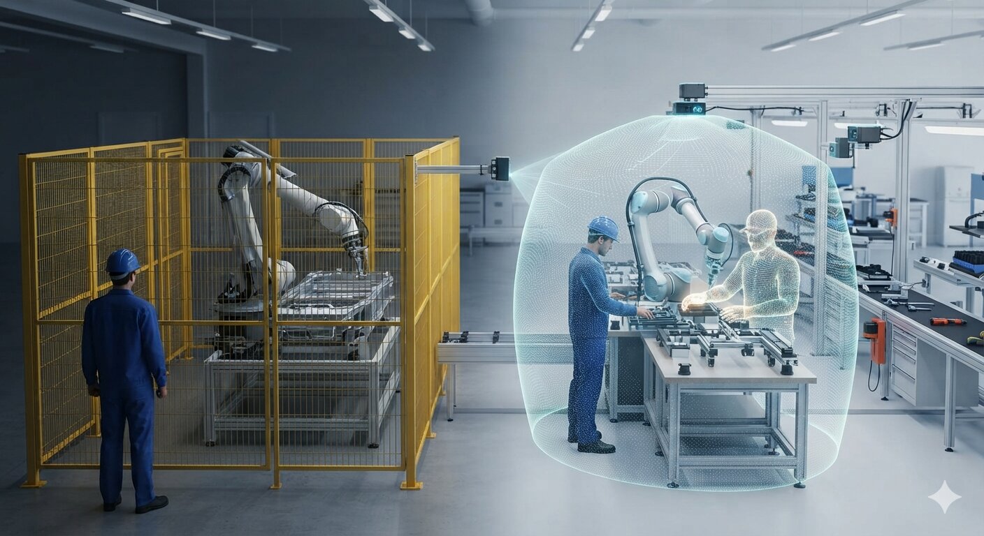 Industrial robot arm working near a factory worker as 3D sensing technology maps the surrounding space for safety.
