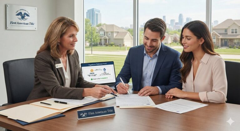 Crypto real estate buyer signs a property closing document as digital assets are converted into U.S. dollars through a compliant settlement process.