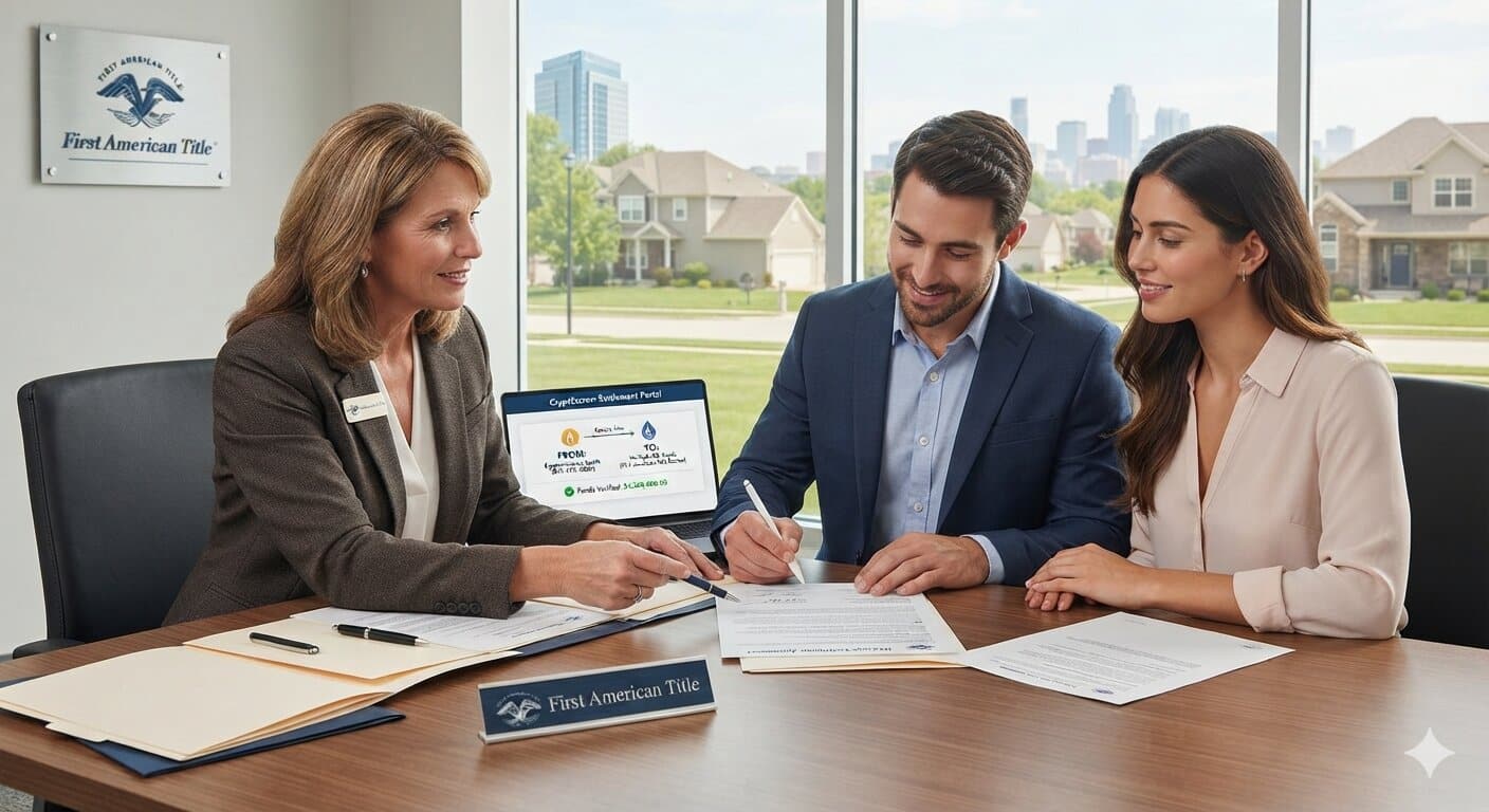 Crypto real estate buyer signs a property closing document as digital assets are converted into U.S. dollars through a compliant settlement process.