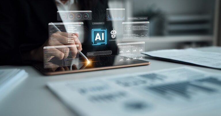 AI tools interface displayed on a tablet as a user works with digital panels for writing, coding, analytics and image generation.