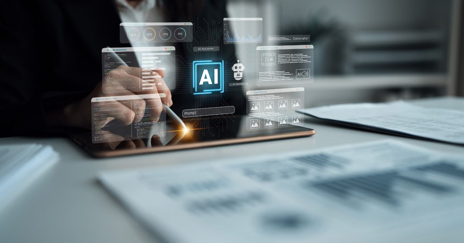 AI tools interface displayed on a tablet as a user works with digital panels for writing, coding, analytics and image generation.