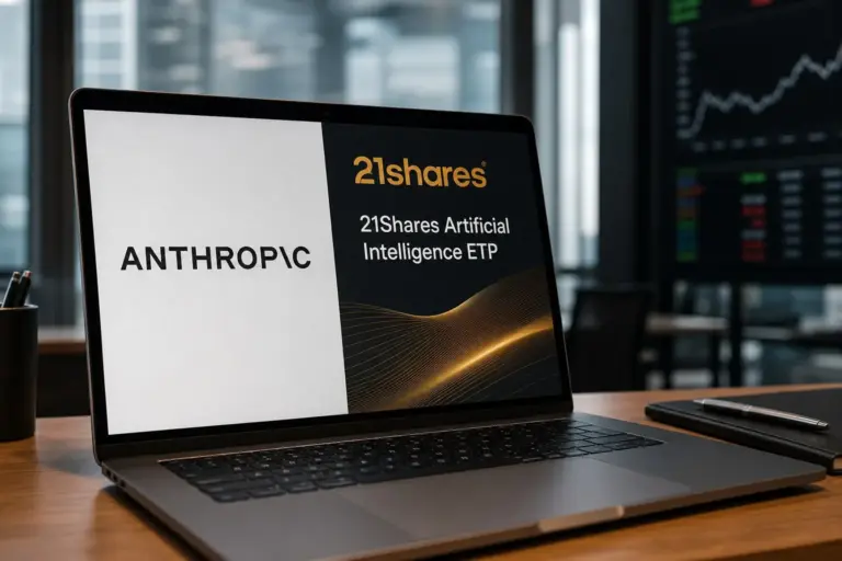 A 21Shares employee views a screen with Anthropic valuation data as the firm launches Europe’s first tracker