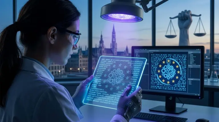 Researcher reviewing ChatGPT-generated text watermark results on a computer screen in a university lab
