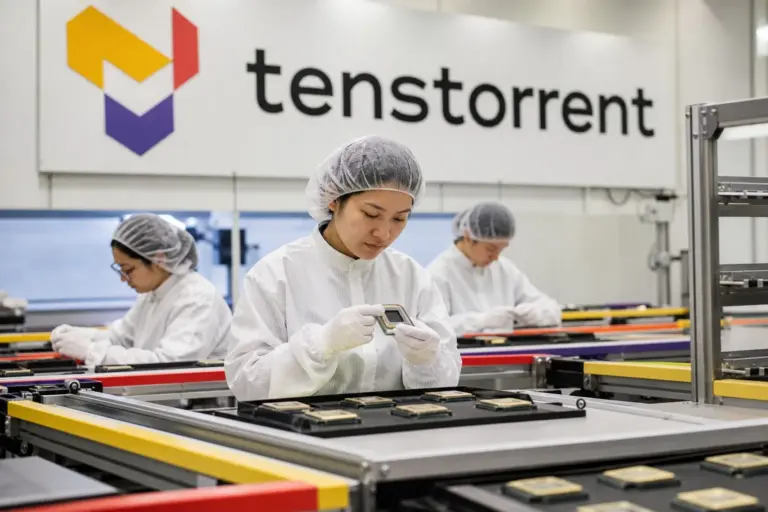 Tenstorrent engineers inspecting a rack of AI accelerator boards in a lab during chip validation and testing