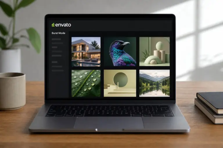 Computer screen displaying six visual concepts from Envato's AI image generation Burst Mode after a single prompt