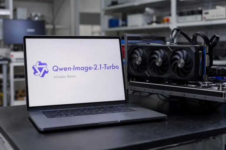 Laptop screen showing Qwen-Image-2.1-Turbo generating an edited image in eight denoising steps