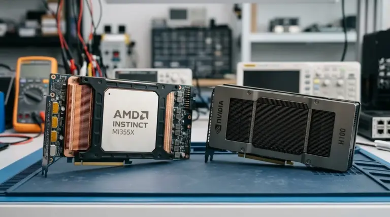 AMD Instinct MI355X accelerator installed in a data center server for the AI Agent benchmark comparison