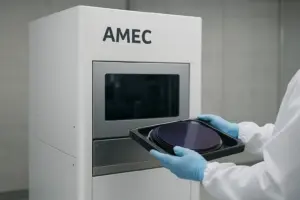 Engineers adjust test racks for power semiconductors during AMEC trials with Korean Power firms in lab