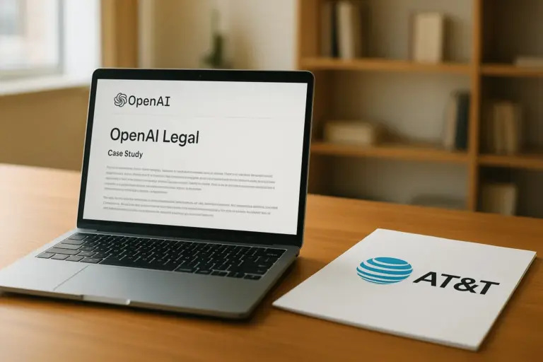 AT&T LegalEdge team members reviewing contract text on laptops and a tablet with an openai tool interface visible on screen