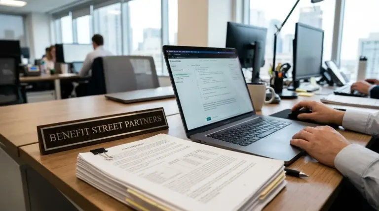 Benefit Street Partners analyst reviews loan valuation data and credit agreements on a computer screen