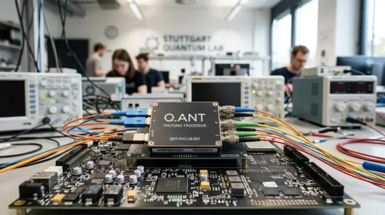 Photonic computing chip on a lab bench