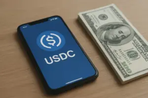 Bank teller area with customers and a smartphone showing a USDC wallet screen highlighting stablecoin adoption impact
