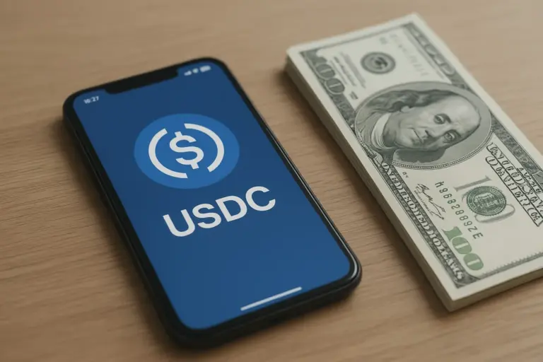 Bank teller area with customers and a smartphone showing a USDC wallet screen highlighting stablecoin adoption impact