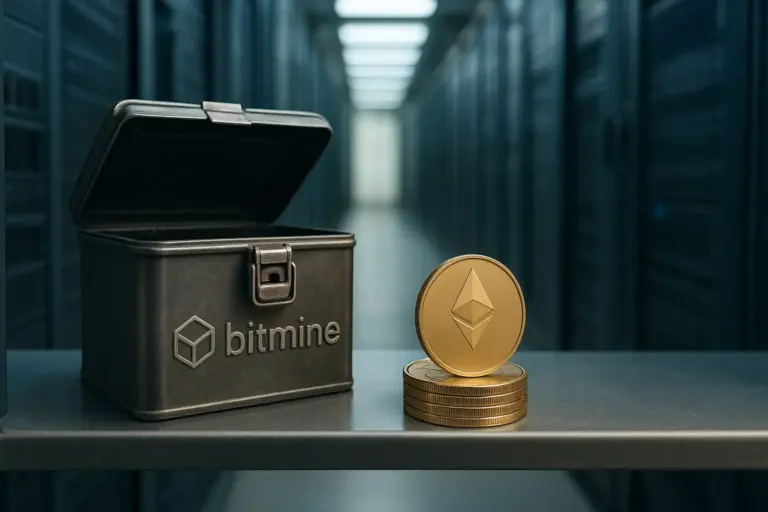 Racks of mining servers and a screen displaying token balances at a data center highlighting Bitmine's 6.04M ETH holding