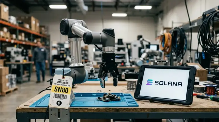 Industrial robot arm connected to the Robotics Subnet with a digital wallet interface displayed on a monitor