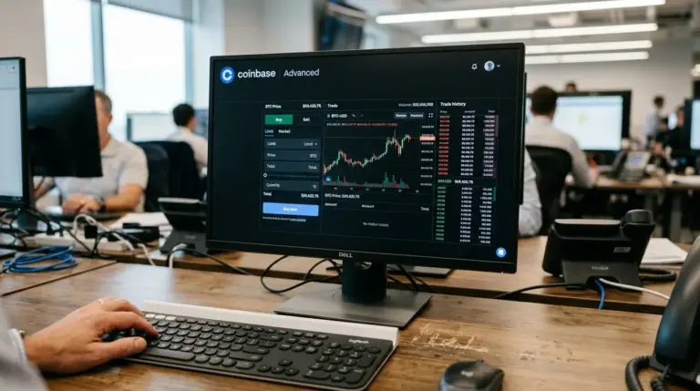 Coinbase CEO Brian Armstrong beside a trading screen showing Coinbase Advanced order execution data