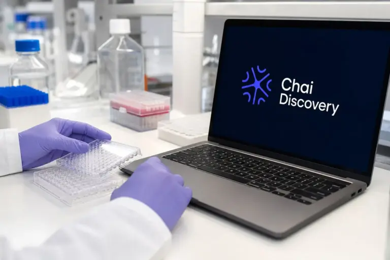 Chai Discovery researchers working in a wet lab beside screens used to test AI-predicted molecule behavior
