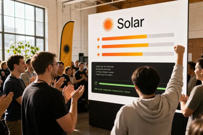 Evm codegen: illustration for Coding Tool Solar Claims 100X Faster Ethereum Contract Builds