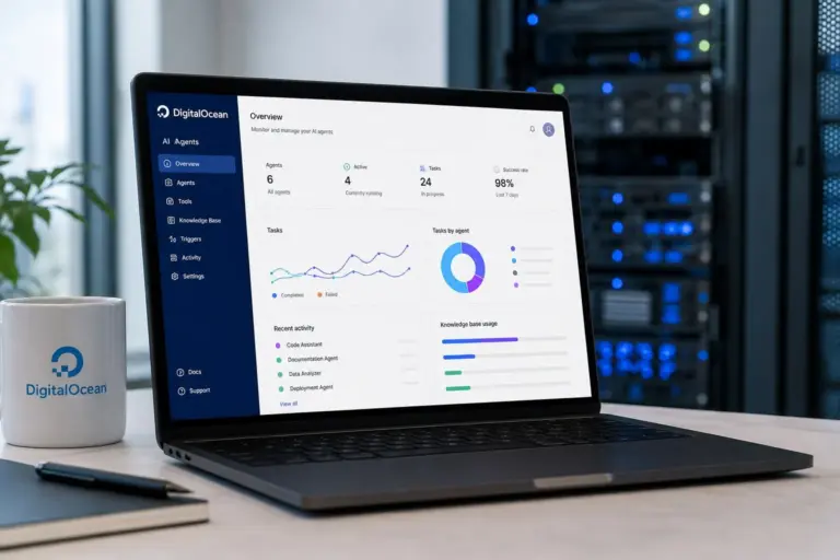 Developer reviews an AI Agent monitoring dashboard showing alerts, simulations and performance signals before deployment