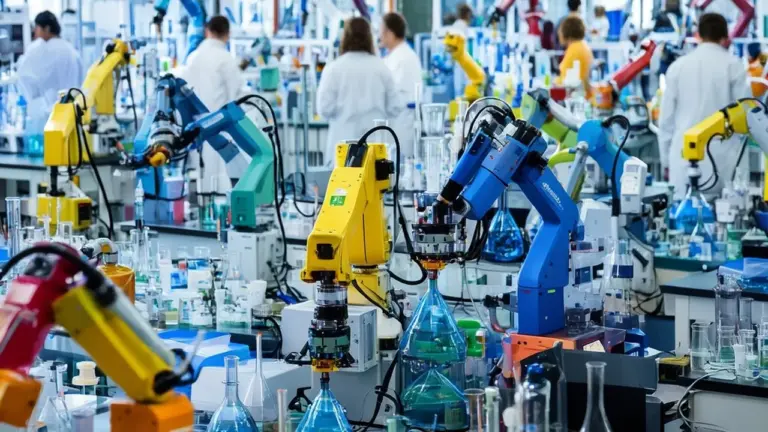 Scientists operating robotic chemistry stations in a lab with automated liquid handlers and screens showing drug research