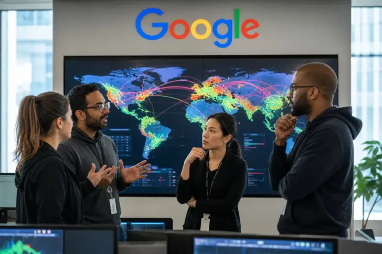 Engineers reviewing Gemini 4 Carbon model results on a laptop screen in a Google cybersecurity operations room