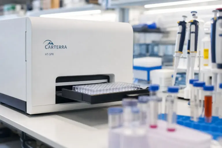 A researcher loads AI-designed protein samples onto Carterra's HT-SPR platform for a Google DeepMind binding test