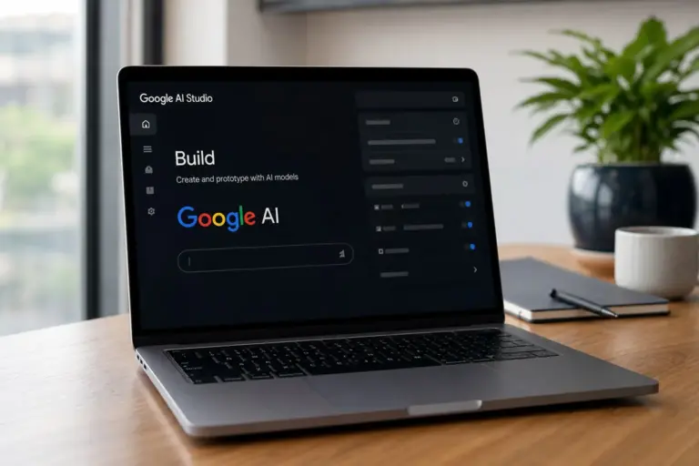 Developer using Google AI Studio Build on a laptop screen with the Ultra mode interface and coding tools visible