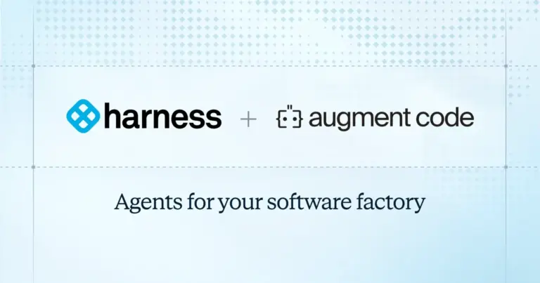 Developer uses Augment Code's AI coding tools on a laptop as Harness integrates its Cosmos platform and Auggie CLI