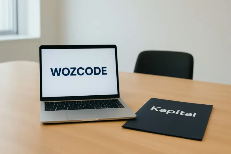 Steve Wozniak and Kapital engineers gathered around laptops reviewing token-reduction AI code during an office demo session
