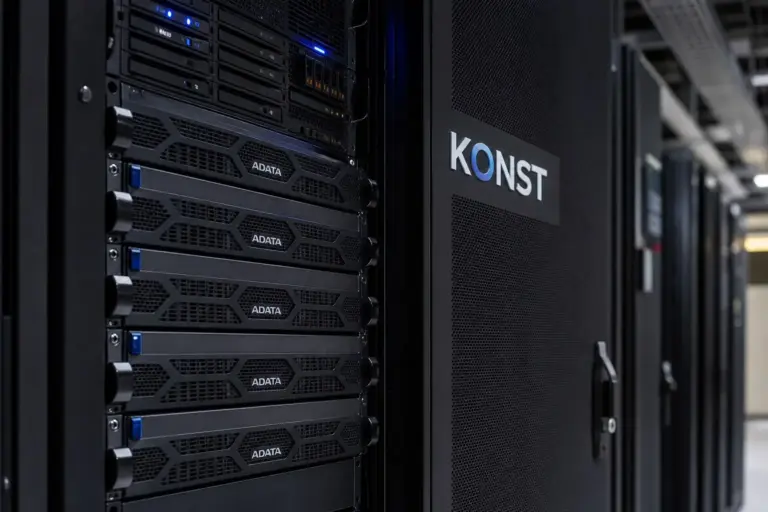 Engineers inspect high-density server racks at a KONST facility built to expand AI Data capacity across Asia