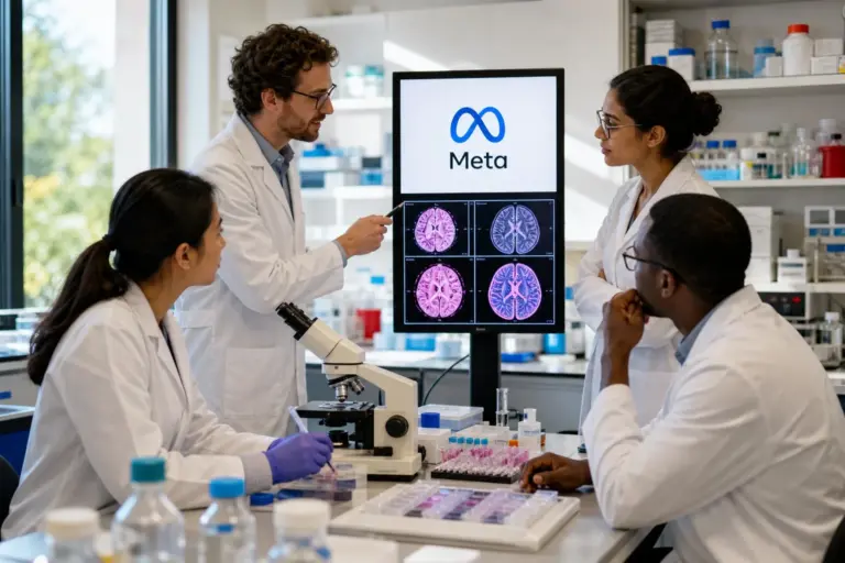 Researchers at a university medical lab examining scans on multiple monitors while Meta AI models process medical data