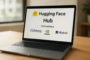 Engineers examining racks of GPUs with Hugging Face model dashboard open on a laptop screen