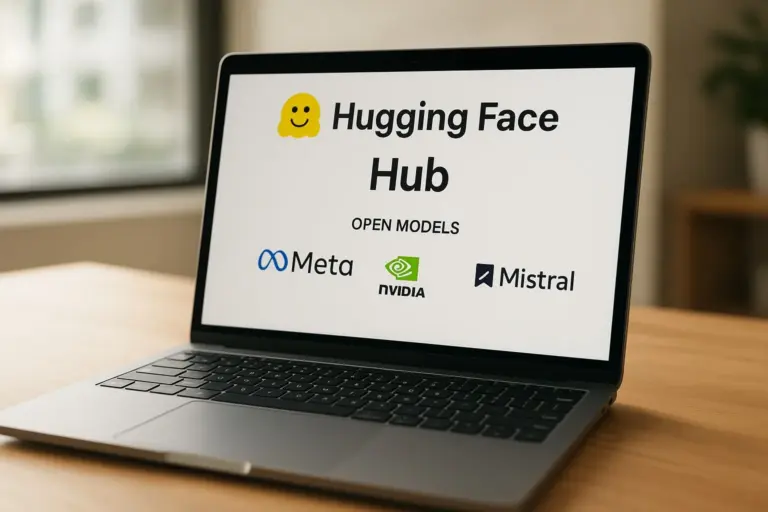 Engineers examining racks of GPUs with Hugging Face model dashboard open on a laptop screen