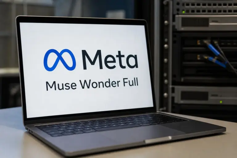 A laptop screen displays Meta's Muse Wonder Full benchmark results, including its 79 DeepSWE score