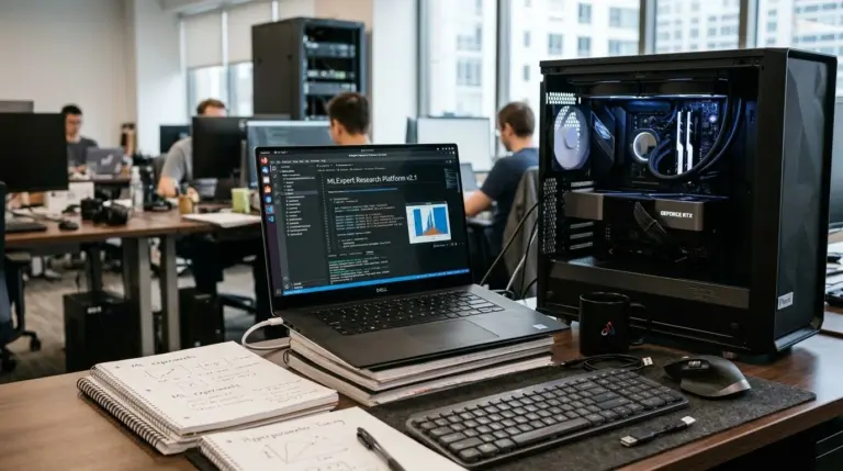 Researcher viewing MLExpert benchmark results on a monitor, showing a 72.7% score on engineering tasks