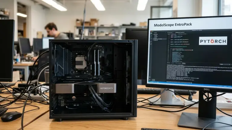 Developer views GPU memory metrics on a workstation screen as EntroPack Lets large AI models use less VRAM