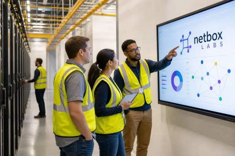 Engineers reviewing deployment dashboard displaying NetBox Labs infrastructure topology and NEYON AI pipeline metrics