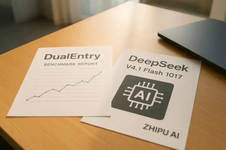 Data scientist examining a DualEntry benchmark chart showing DeepSeek V4.1 Flash 1017 at 82.2% on accounting work with laptop and printouts