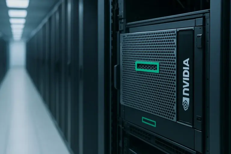 Hewlett Packard technicians set up a private-cloud server rack and management console for isolated AI operations