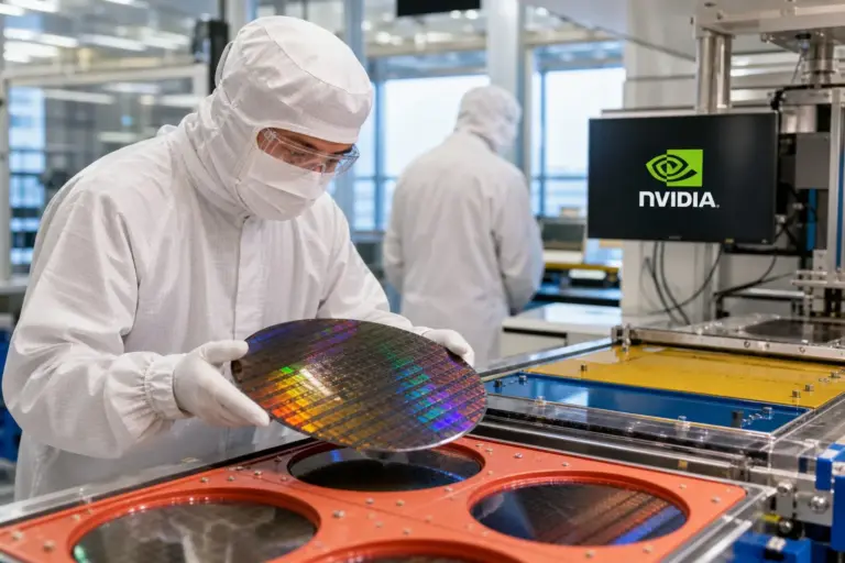 Nvidia engineer at a workstation running Synopsys IC Validator on multiple monitors showing chip layout and verification results