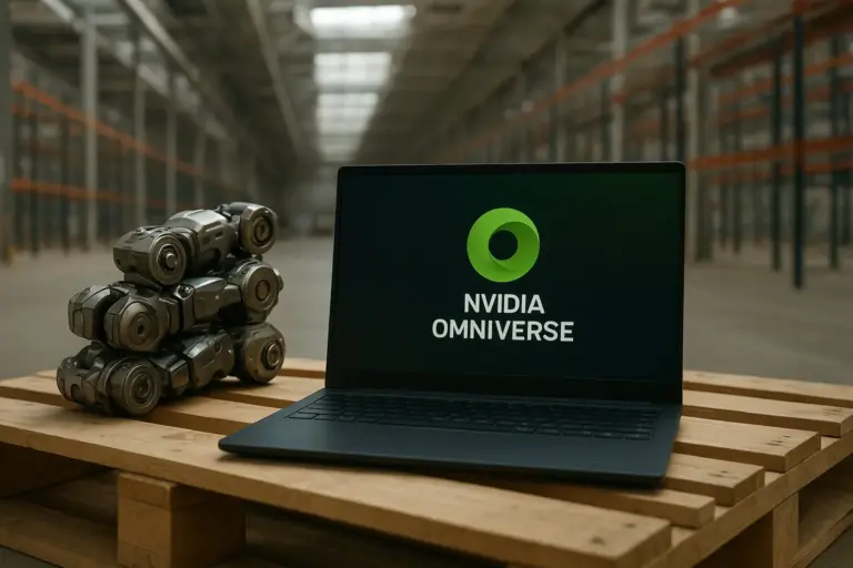 Engineers checking warehouse robot behavior on large monitors with simulation maps and telemetry while testing Physical AI