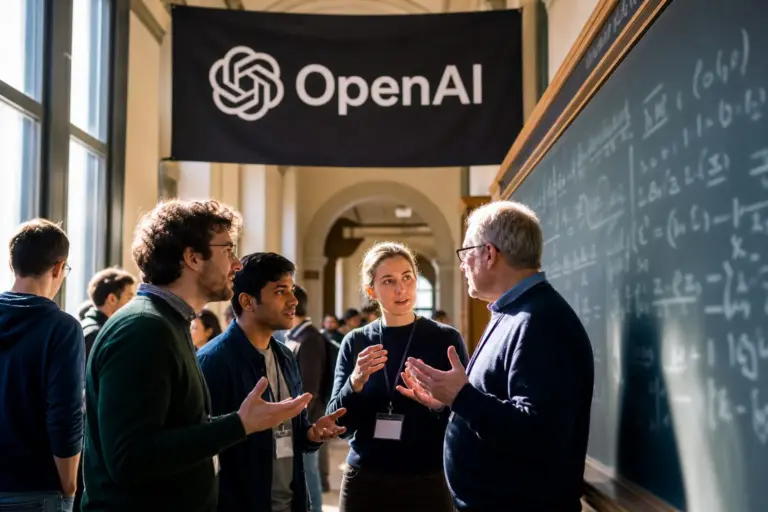 Researchers examining printed problem sets, model outputs on a laptop and whiteboard notes with OpenAI materials visible