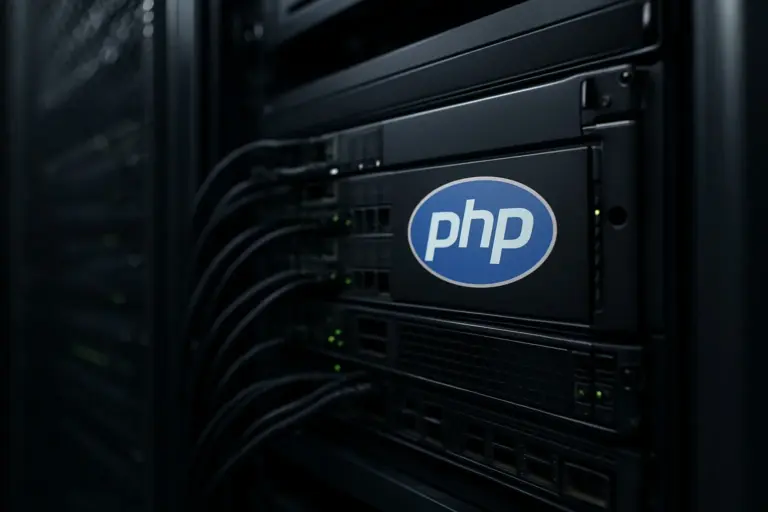 Web engineers inspecting server logs and code on laptop screens showing php error traces and patch notices