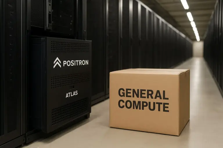 General Compute engineers installing Atlas inference racks with positron logos inside a data center aisle