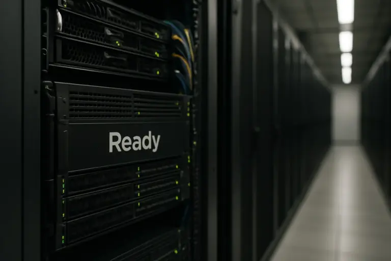 VPS engineer configuring rack servers with a dashboard showing LLM API settings for private network inference
