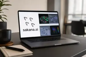Sakana AI researchers review multi-agent evaluation results on large monitors in a Tokyo office workspace