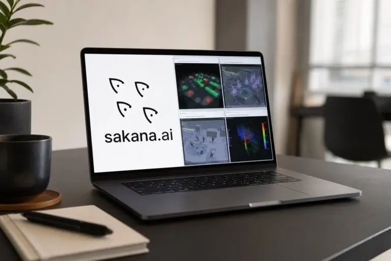 Sakana AI researchers review multi-agent evaluation results on large monitors in a Tokyo office workspace