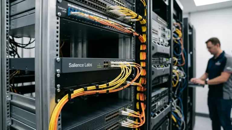 Engineer inspects a Salience Labs photonic chip module designed to move AI data between datacenter processors