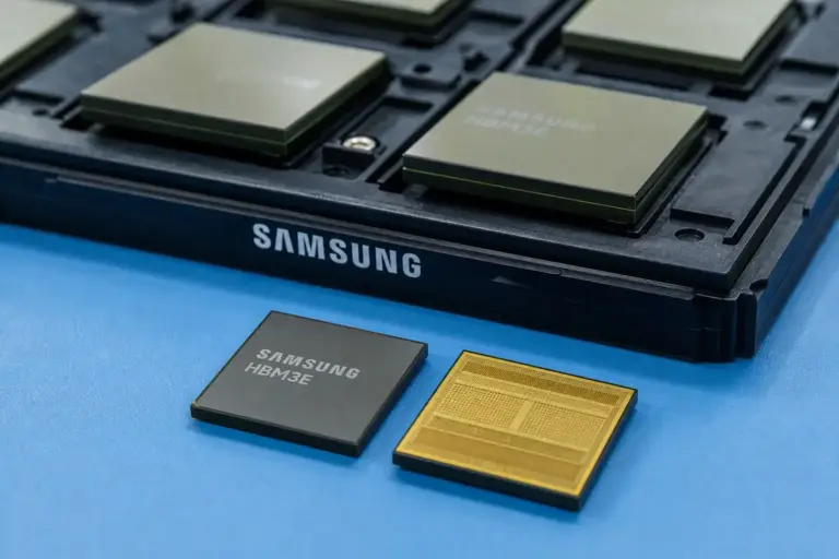 Samsung semiconductor workers inspect memory chips on a production line as the company secures 2027 chip supply contracts